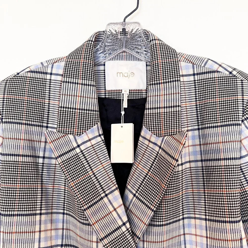 Maje Gray Plaid Academia Preppy Designer Classic Collared Blazer 42 NWT - Picture 7 of 10